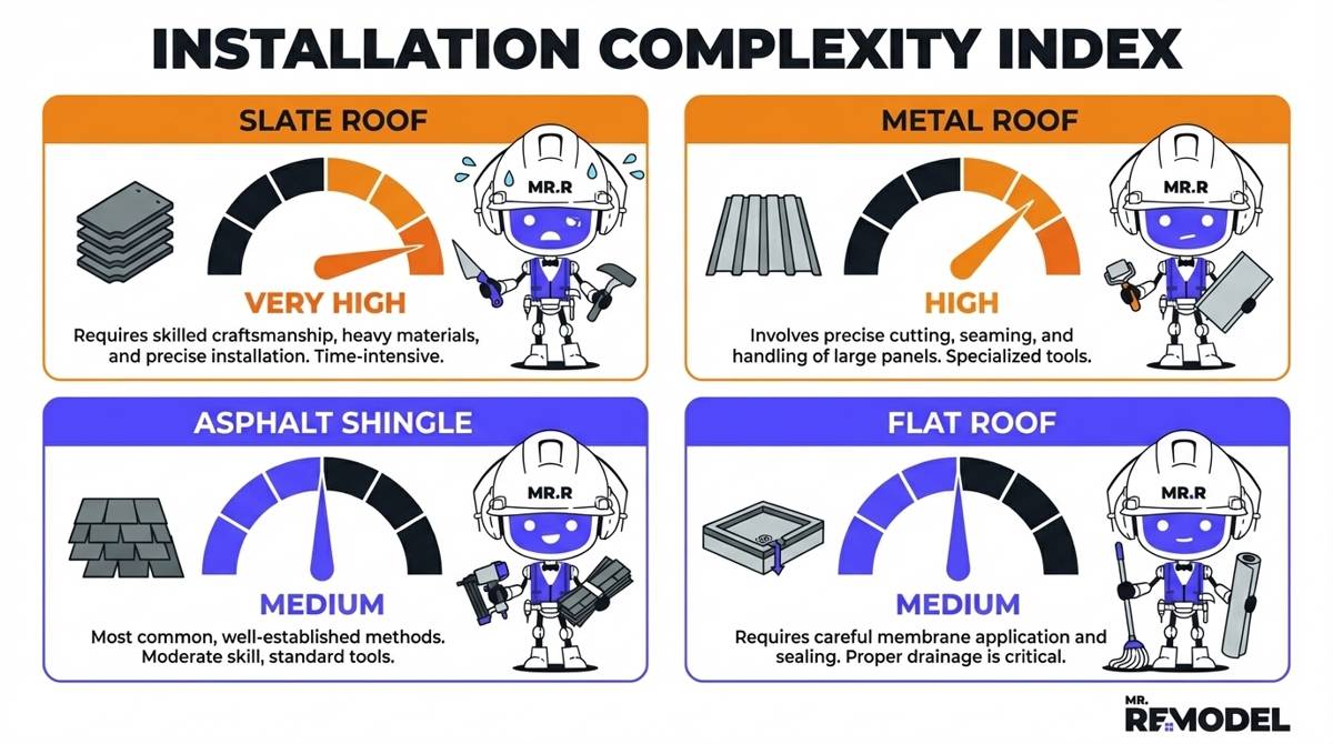 Infographic showcasing the difficulty of installing a roof according to the material type.
